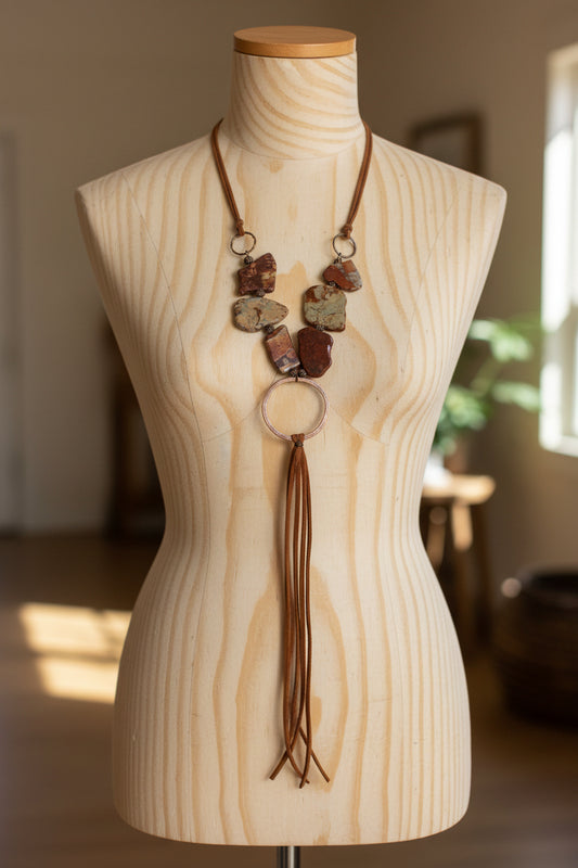Aqua Terra Slab Necklace with Copper Hoop and Leather fringe Tassel