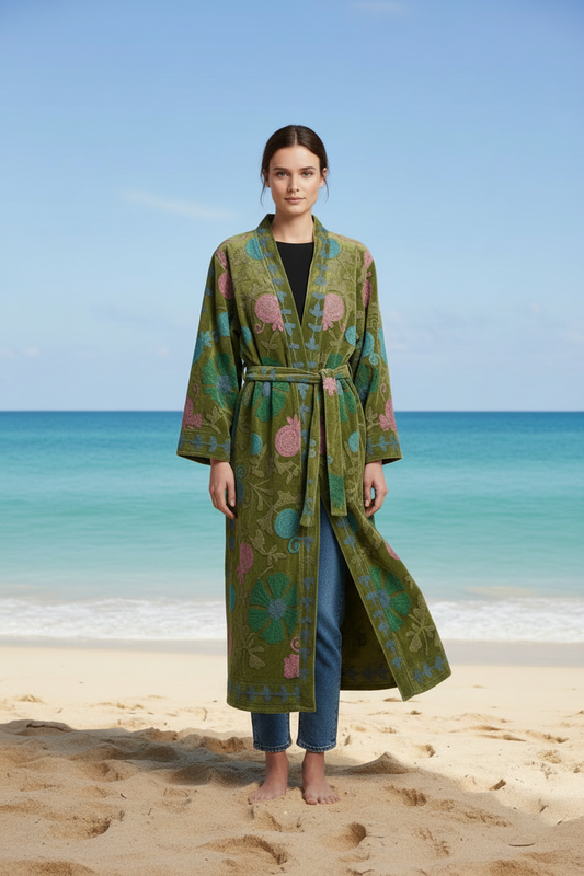 Embroidered Velvet Coat- Earth Green SALE PRICE DROP