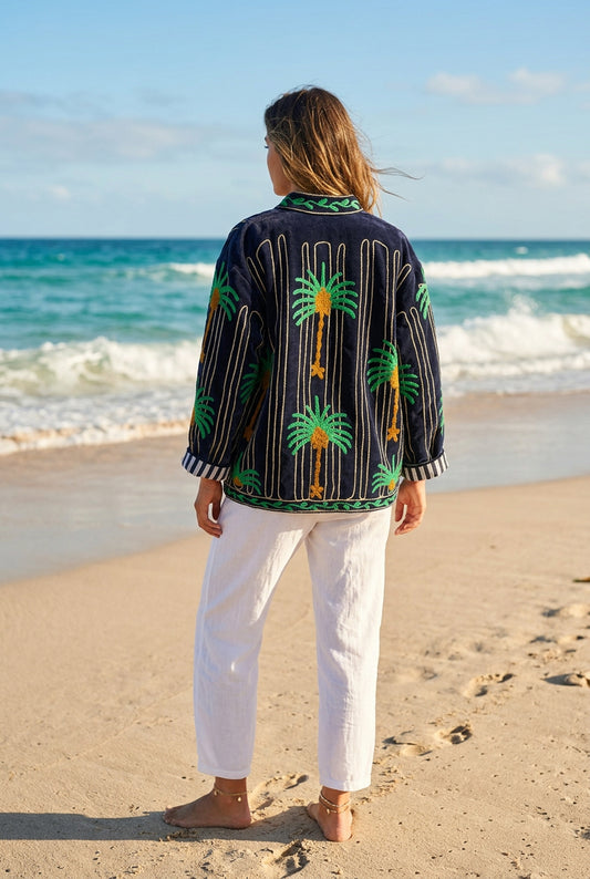 Embroidered Velvet Hacket Midnight Blue Palm