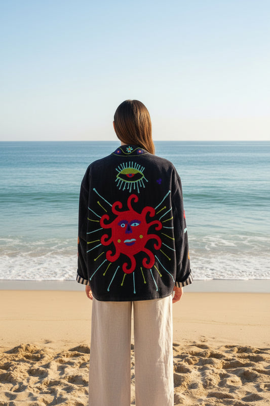 Embroidered Velvet Jacket Deep Navy sun