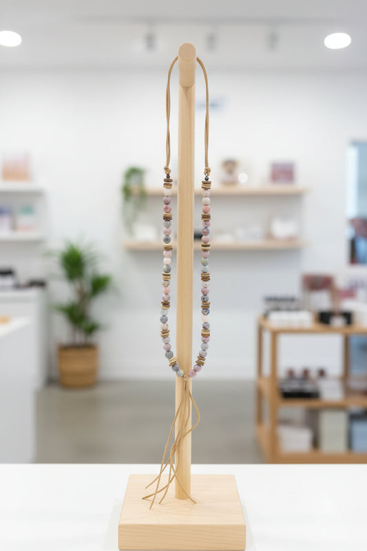 Frosted Marble Jasper Necklace w/ Wood Beads & Leather Tassel