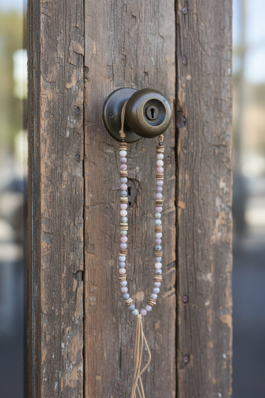 Frosted Marble Jasper Necklace w/ Wood Beads & Leather Tassel