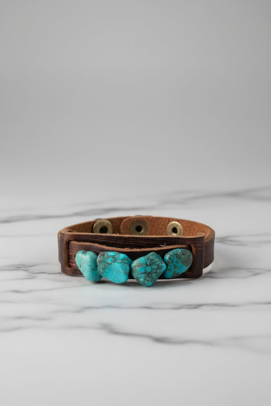 Genuine Leather Narrow Cuff Bracelet Turquoise Regalite Stones