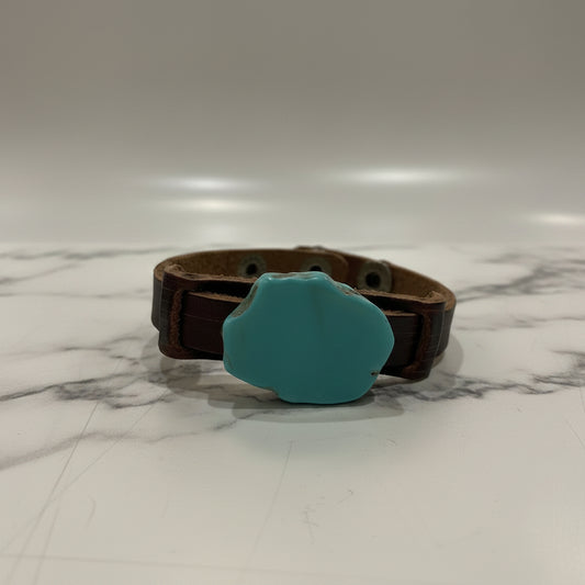 Blue Turquoise Slab On Narrow Leather Cuff Bracelet