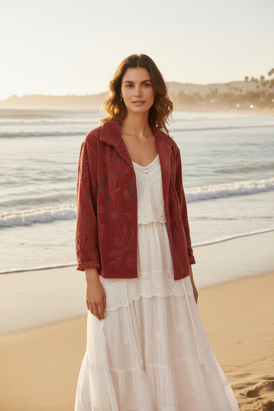 Hand Embroidered Velvet Jacket - Ruby