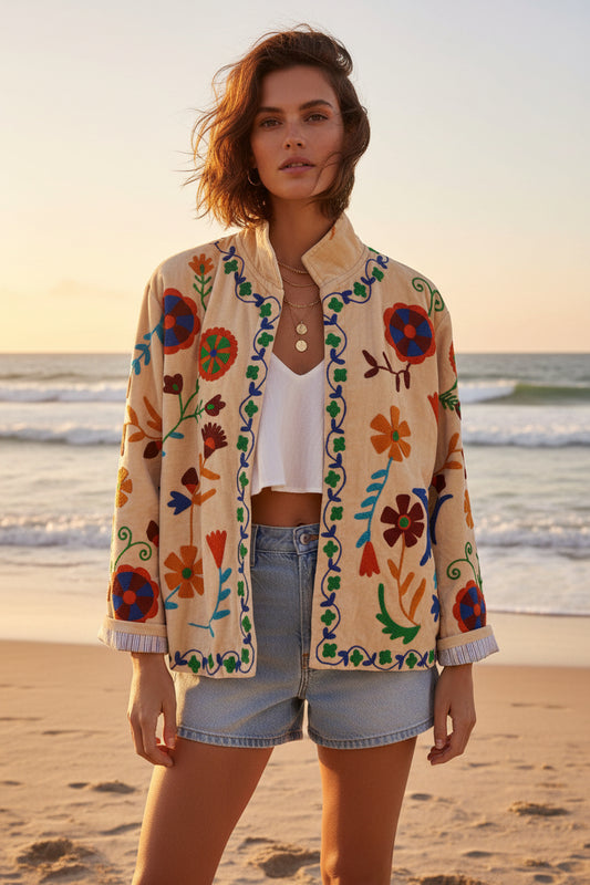 Embroidered Velvet Jacket Bloom- Natural