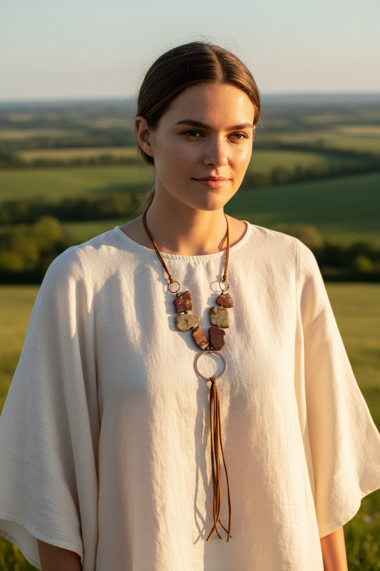 Aqua Terra Slab Necklace with Copper Hoop and Leather fringe Tassel
