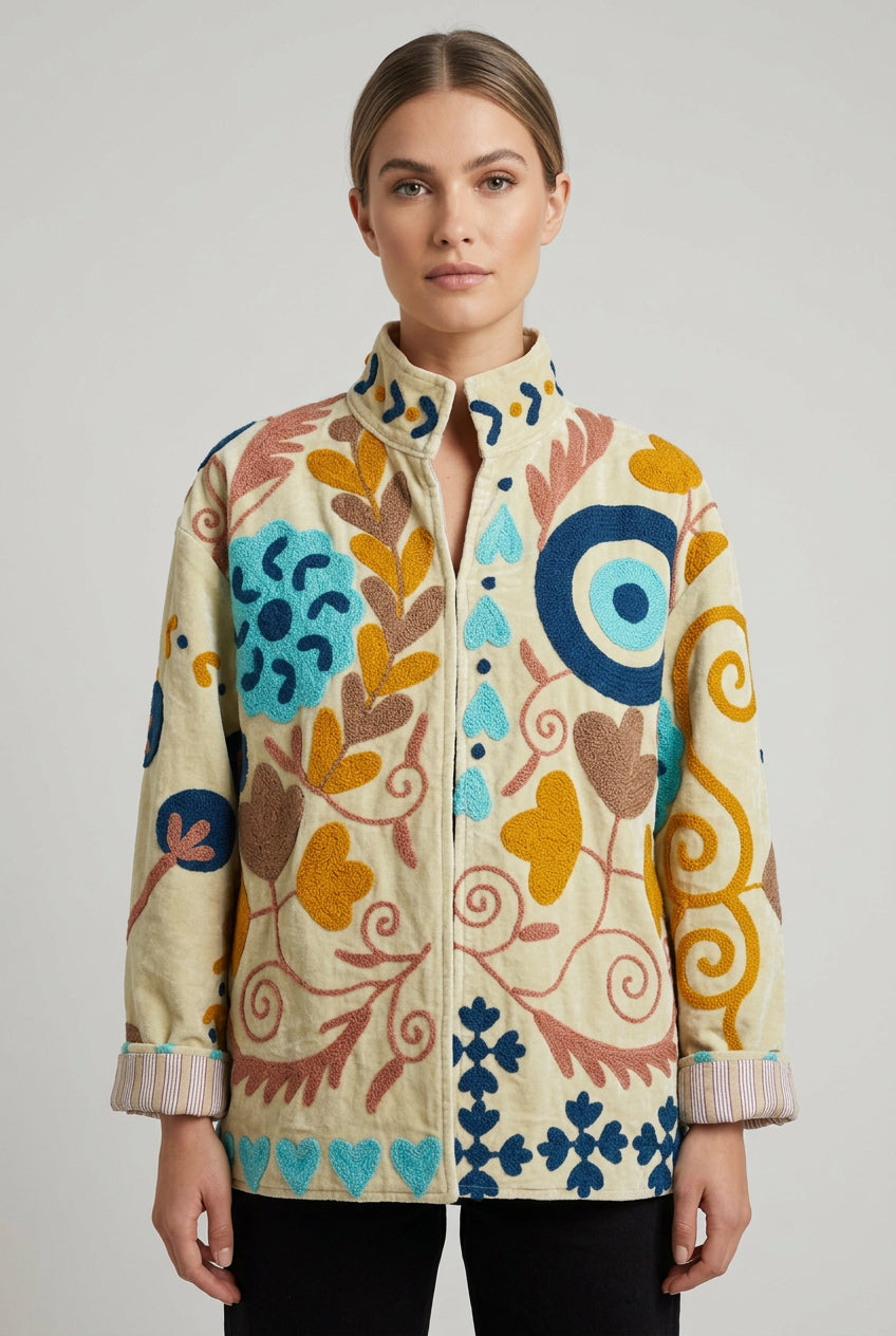 Embroidered Velvet Jacket Cream Bloom