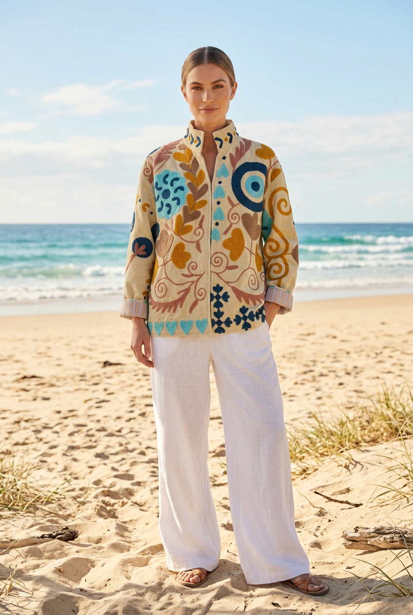 Embroidered Velvet Jacket Cream Bloom