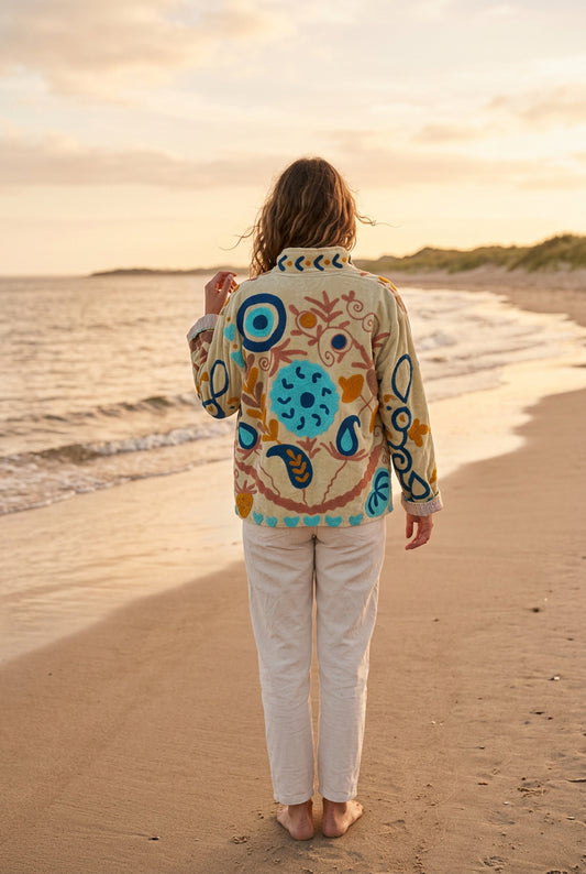 Embroidered Velvet Jacket Cream Bloom