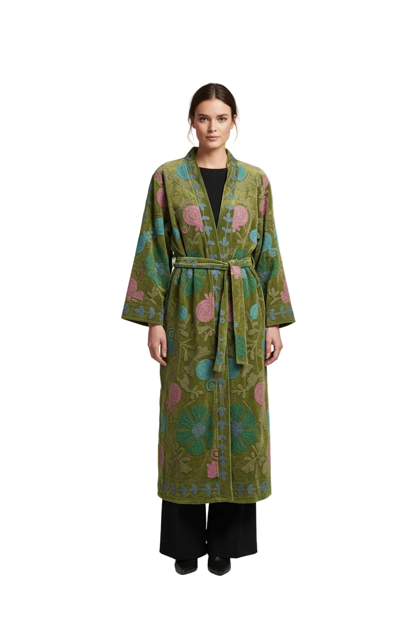 Embroidered Velvet Coat- Earth Green