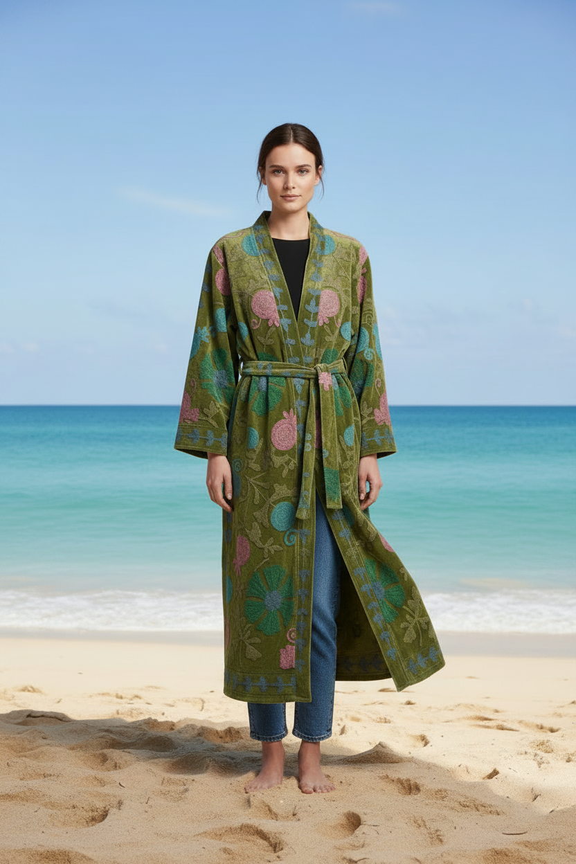 Embroidered Velvet Coat- Earth Green