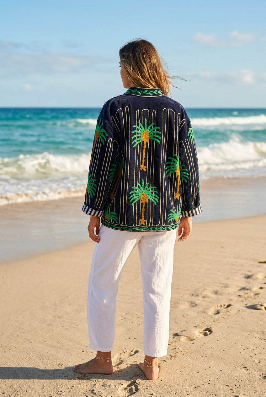 Embroidered Velvet Hacket Midnight Blue Palm