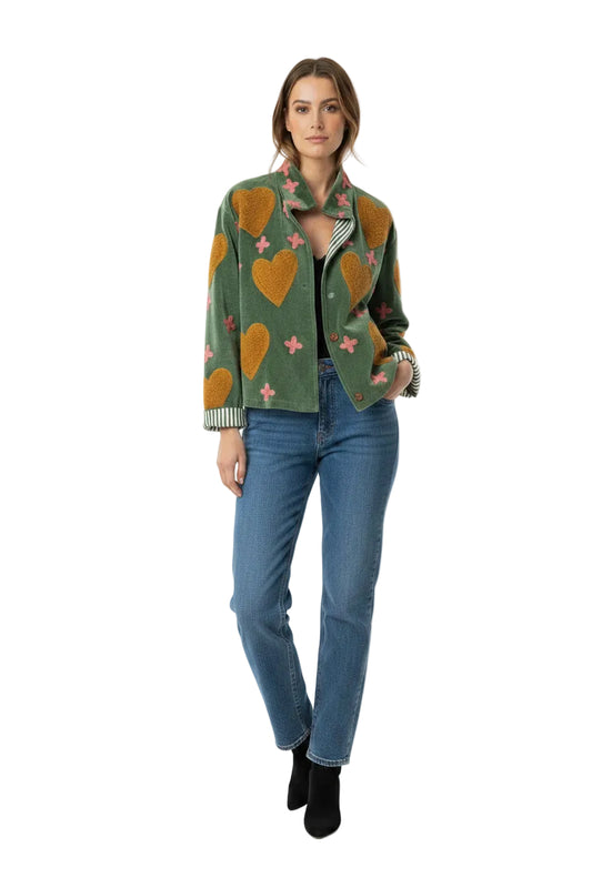 Embroidered Velvet Jacket Hearts and Crosses Green