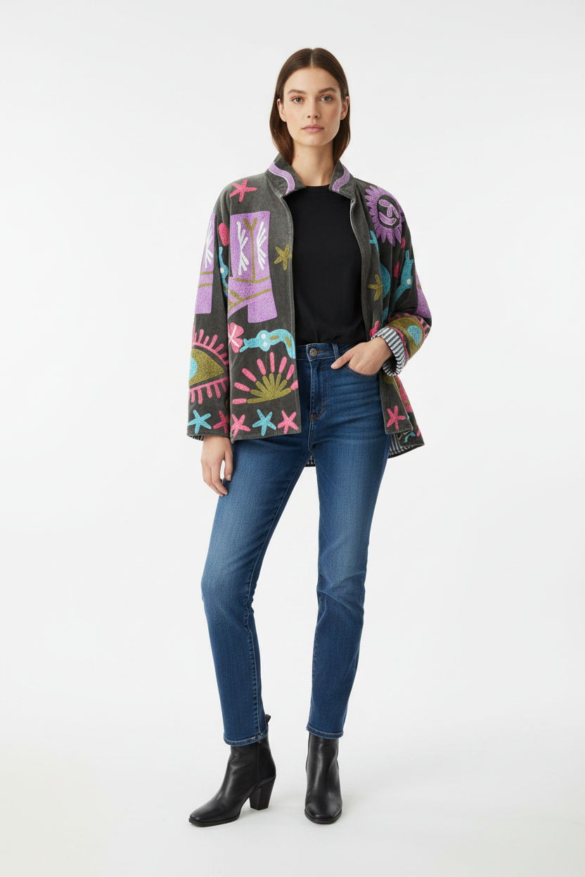 Embroidered Velvet Jacket Cowgirl- Smoky Grey