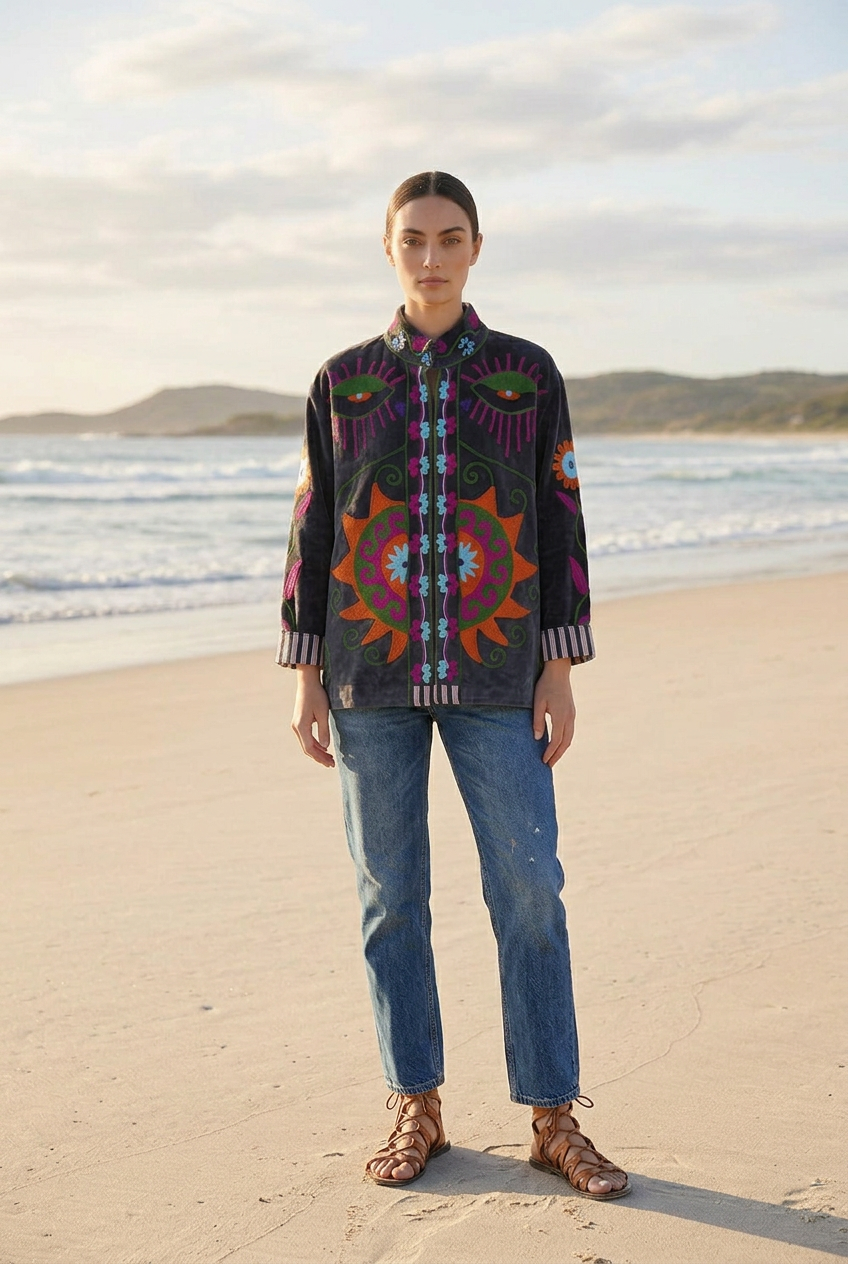 Embroidered Velvet Jacket Deep Blue Protection