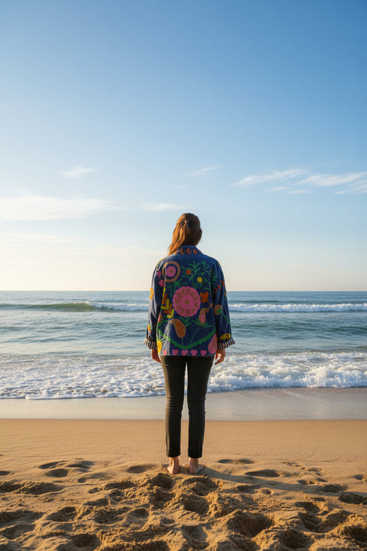 Embroidered Velvet Jacket Bloom - Denim Blue
