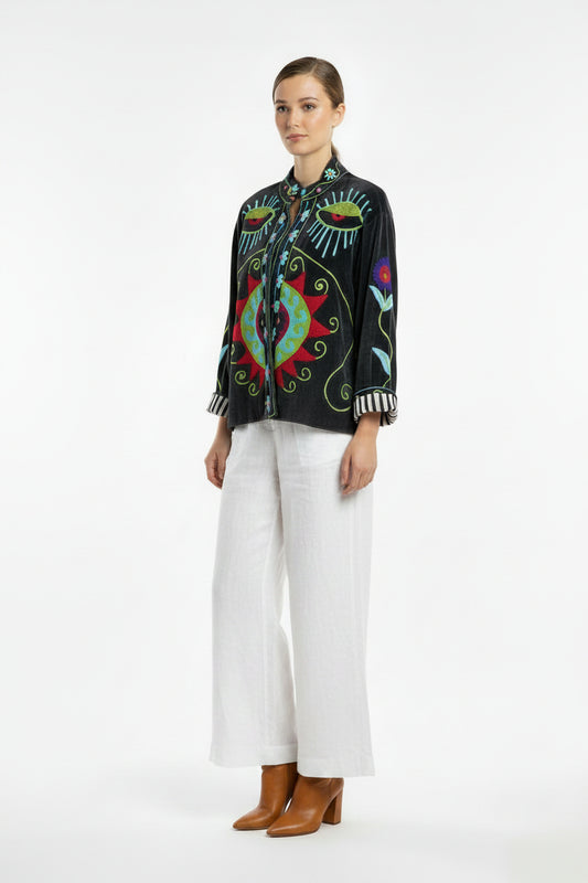 Embroidered Velvet Jacket Deep Navy sun