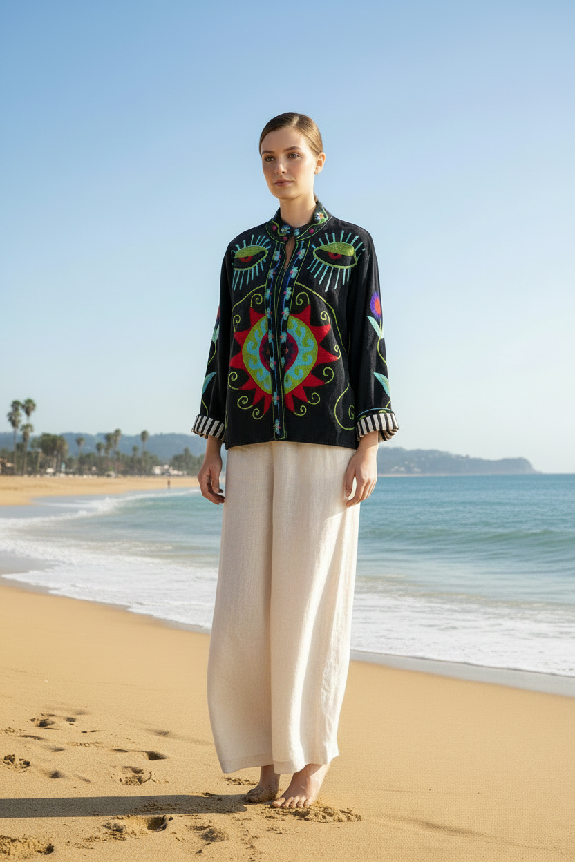 Embroidered Velvet Jacket Deep Navy sun