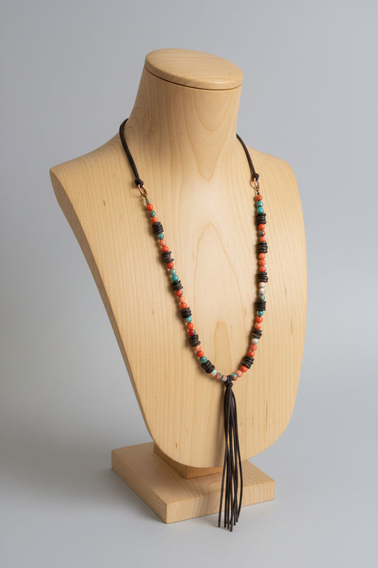 Multi-Colored Turquoise Necklace with Wood Beads & Leather Tassel