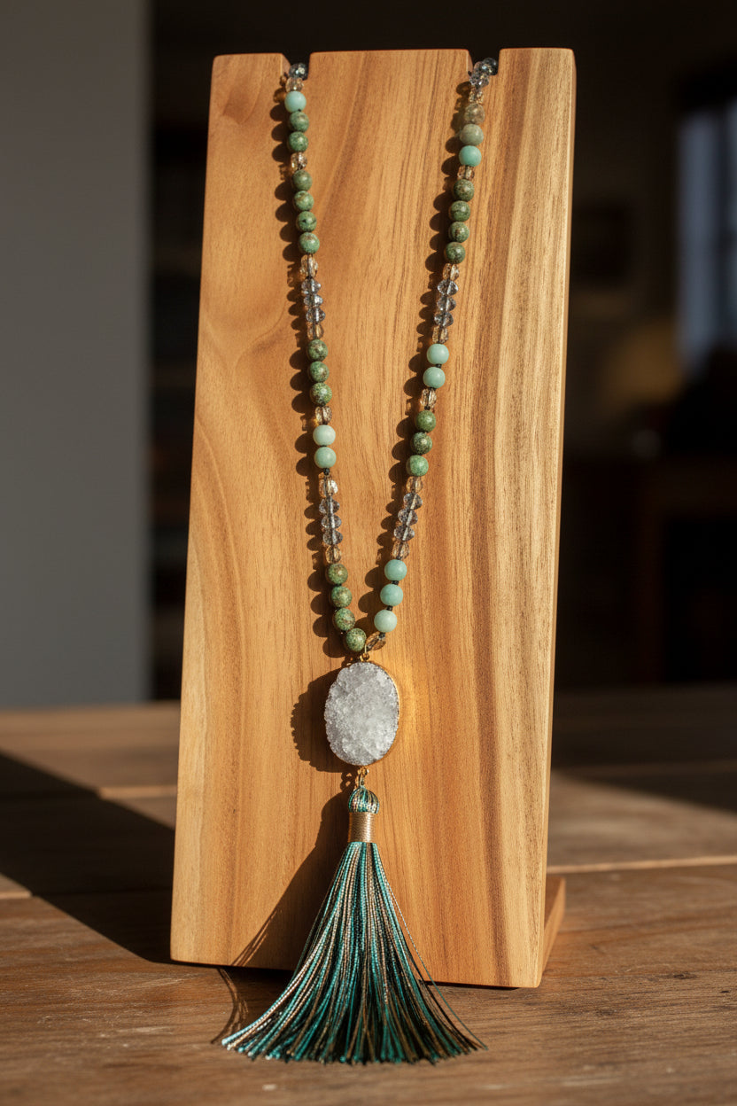 Long Amazonite Necklace with Genuine White Druzy Pendant