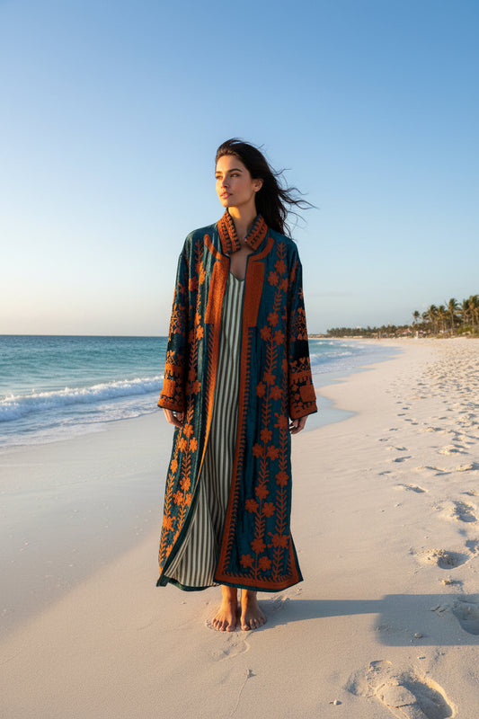 Embroidered Crushed  Velvet Coat- Emerald Green