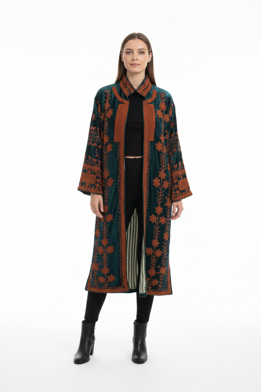 Embroidered Crushed  Velvet Coat- Emerald Green