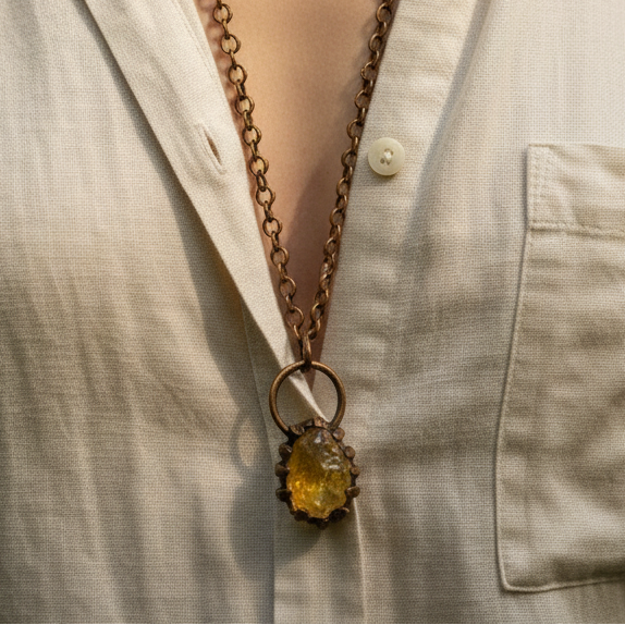 Long Copper Necklace with Genuine Citrine Copper Pendant