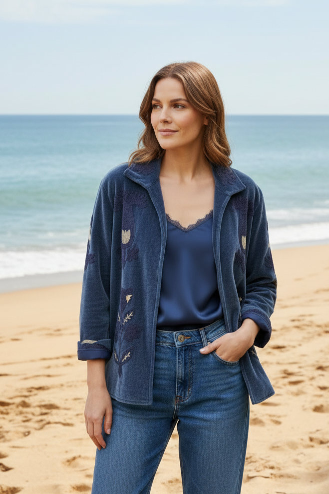 Hand Embroidered Velvet Jacket Royal Blue