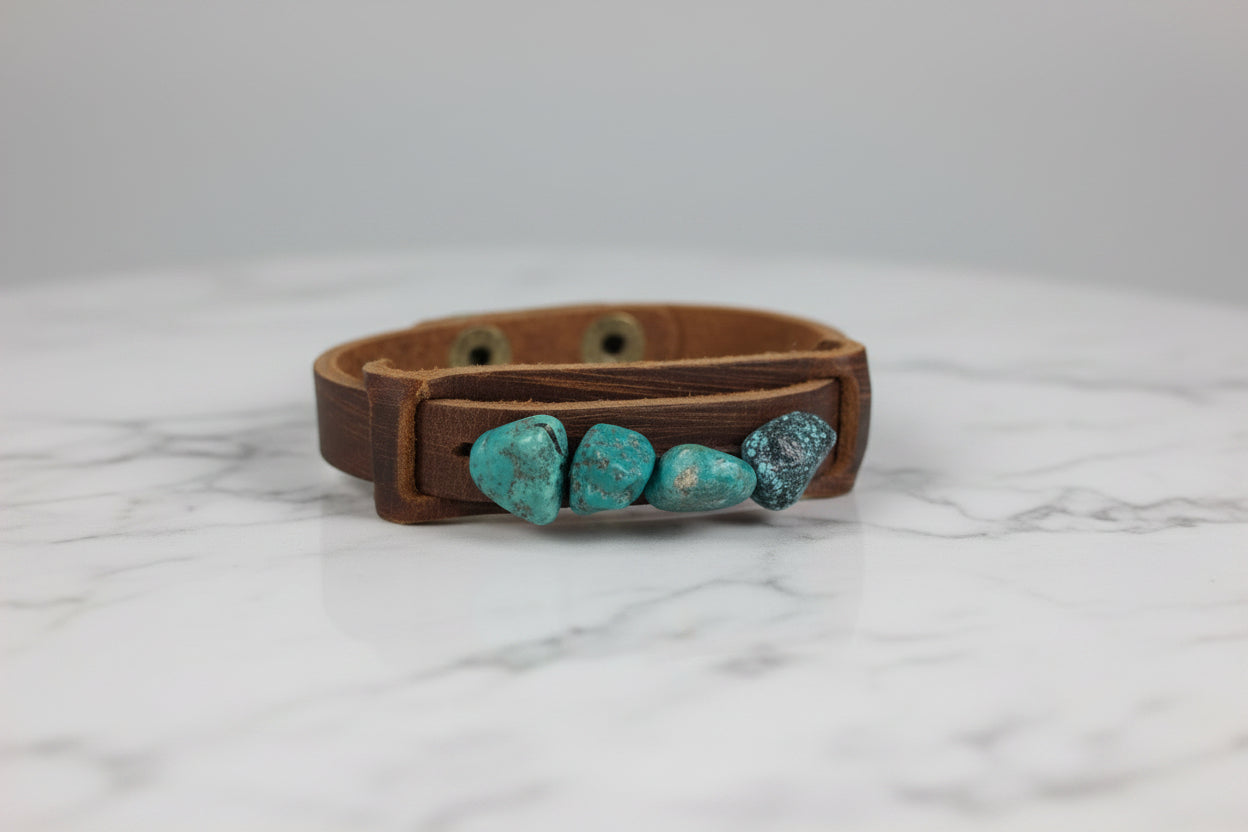 Genuine Leather Narrow Cuff Bracelet & Natural Turquoise Chunks