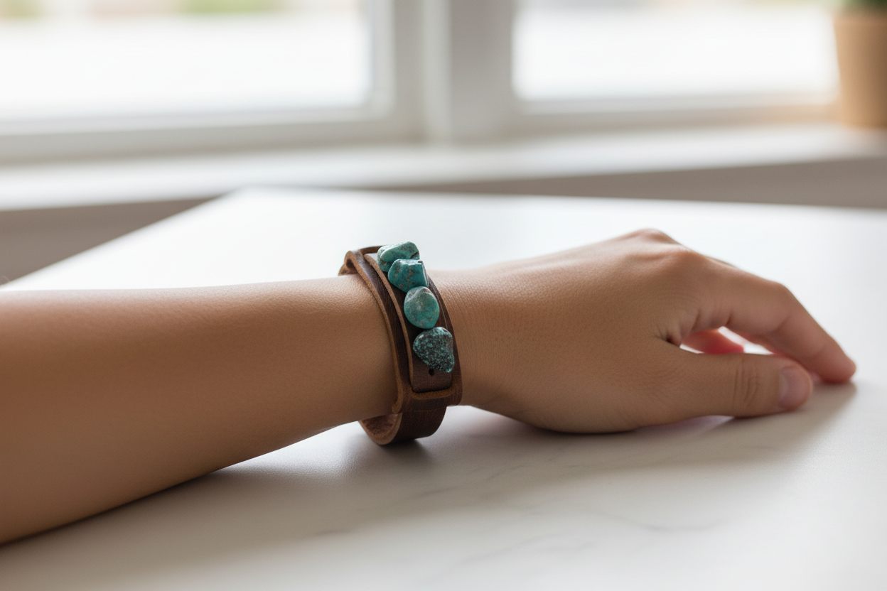 Genuine Leather Narrow Cuff Bracelet & Natural Turquoise Chunks