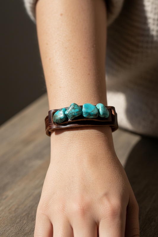 Genuine Leather Narrow Cuff Bracelet Turquoise Regalite Stones