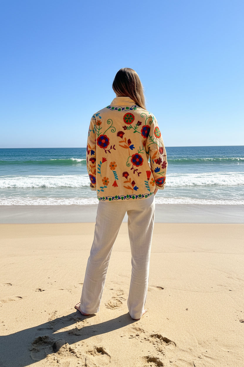 Embroidered Velvet Jacket Bloom- Natural