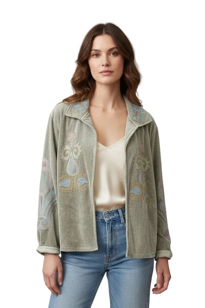 Hand Embroidered Velvet Jacket Oyster