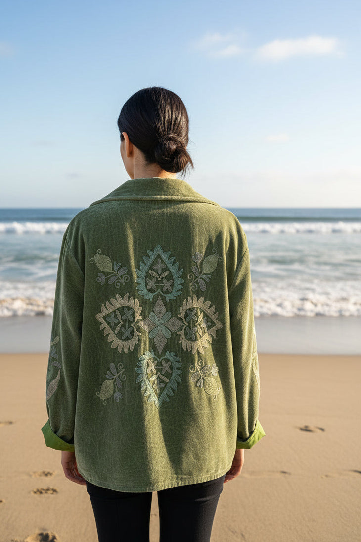 Hand Embroidered Velvet Jacket - Sage Green