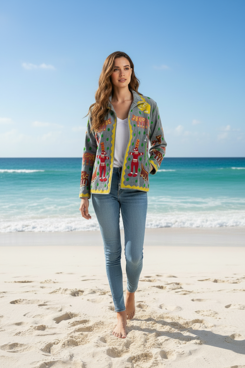 Embroidered Velvet Jacket Grey Aztec Man