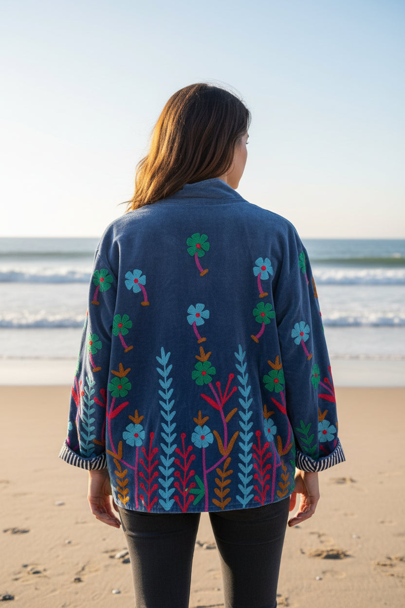 Embroidered Velvet Jacket Blue Garden