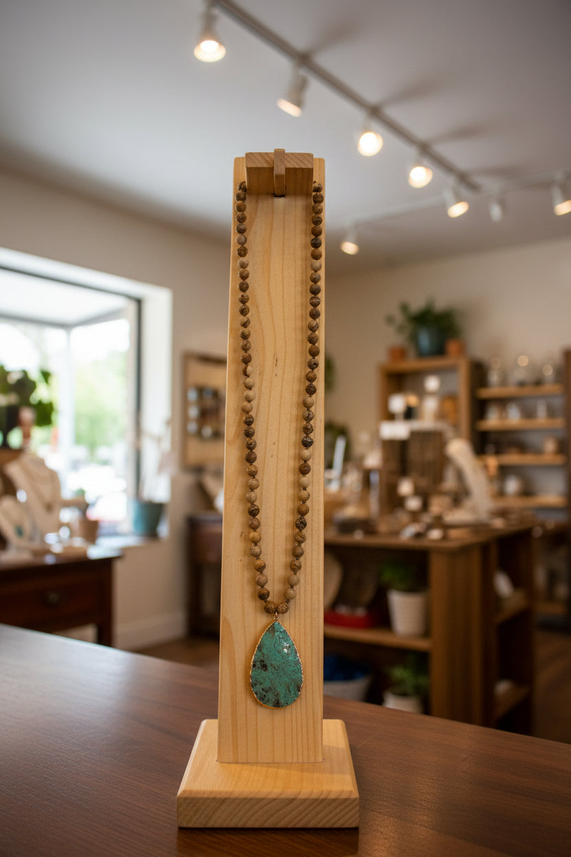 Bohemian Beaded Jasper Necklace with Ocean Agate Pendant