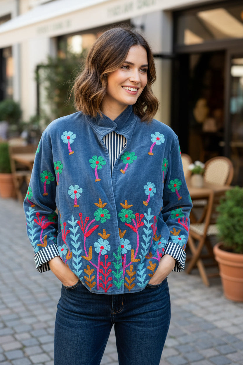 Embroidered Velvet Jacket Blue Garden