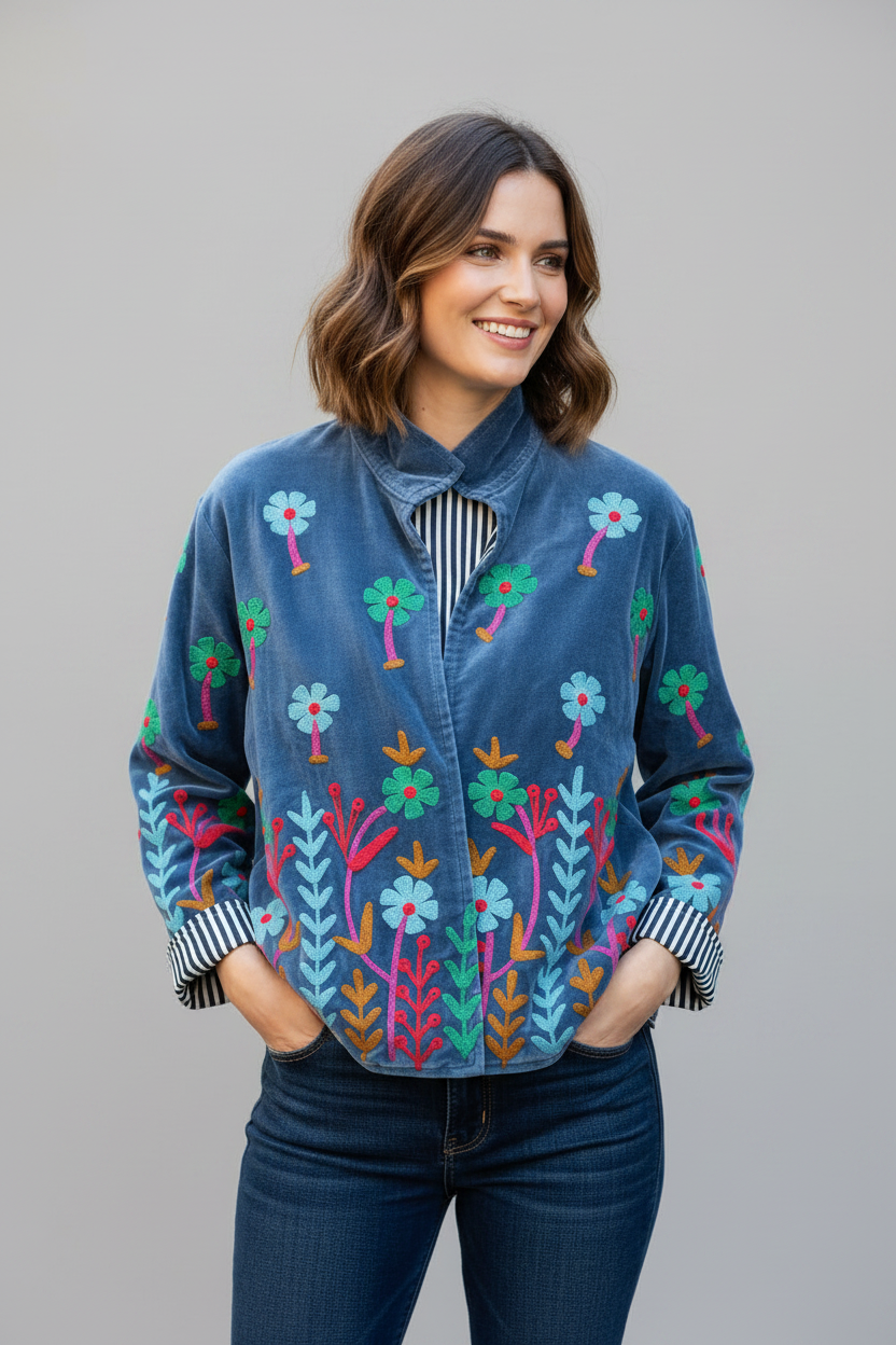 Embroidered Velvet Jacket Blue Garden