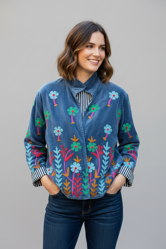 Embroidered Velvet Jacket Blue Garden