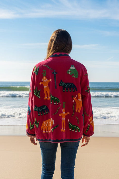 Embroidered Velvet Jacket Motif - Hot Pink