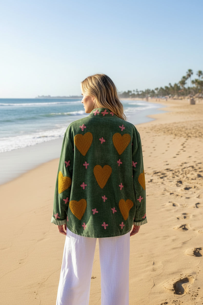 Embroidered Velvet Jacket Hearts and Crosses Green