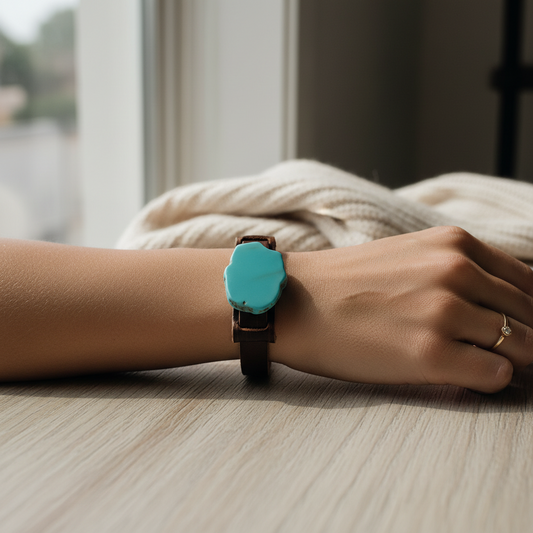 Blue Turquoise Slab On Narrow Leather Cuff Bracelet