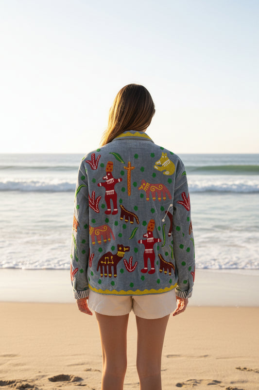 Embroidered Velvet Jacket Grey Aztec Man