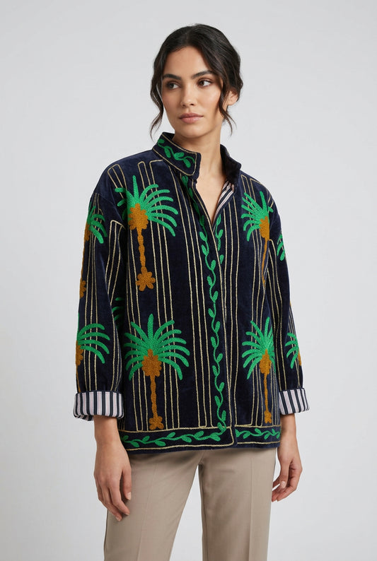 Embroidered Velvet Hacket Midnight Blue Palm