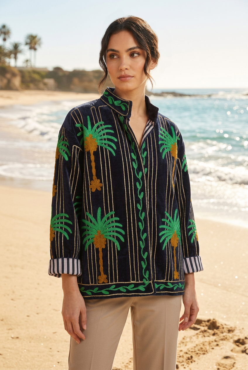 Embroidered Velvet Hacket Midnight Blue Palm