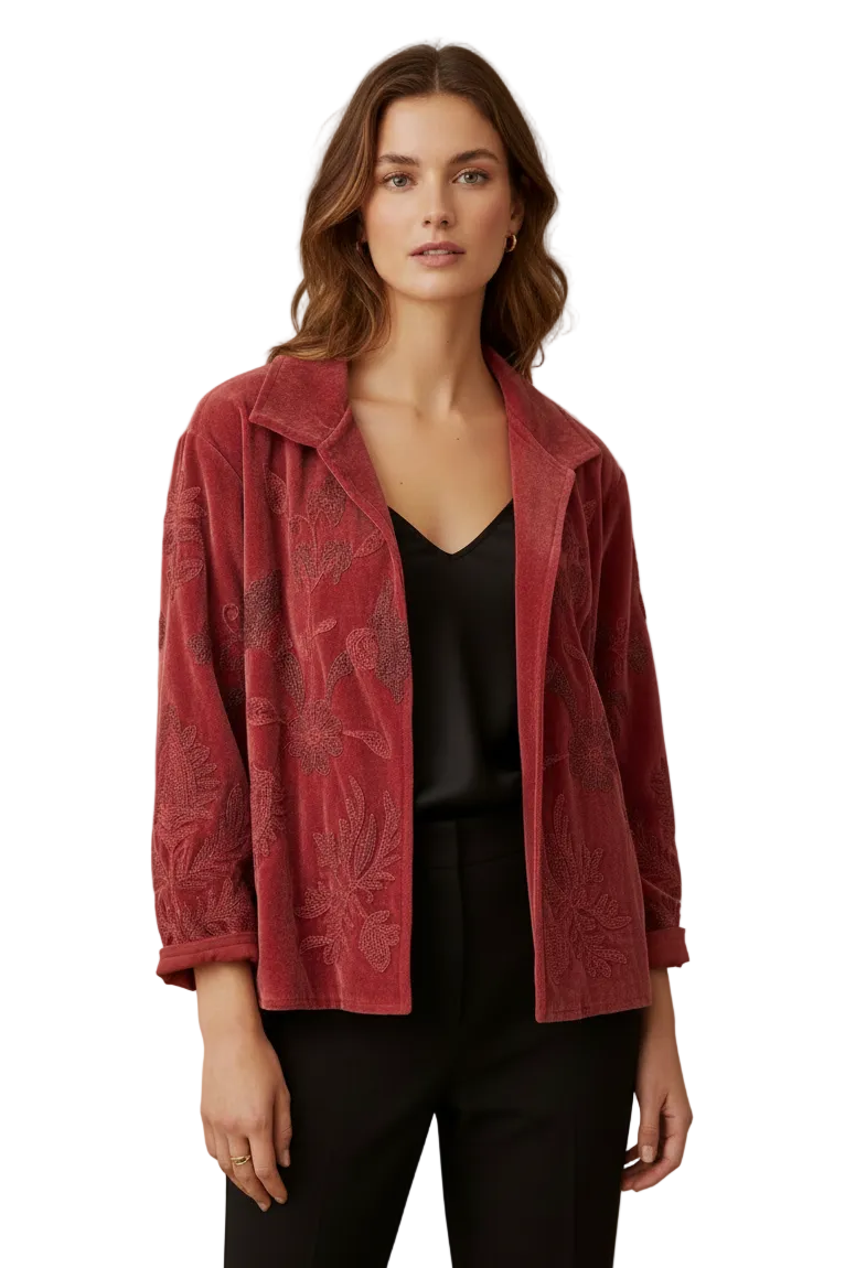 Hand Embroidered Velvet Jacket - Ruby