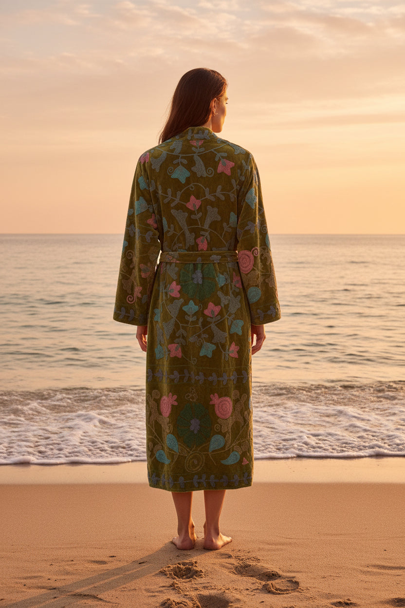 Embroidered Velvet Coat- Earth Green