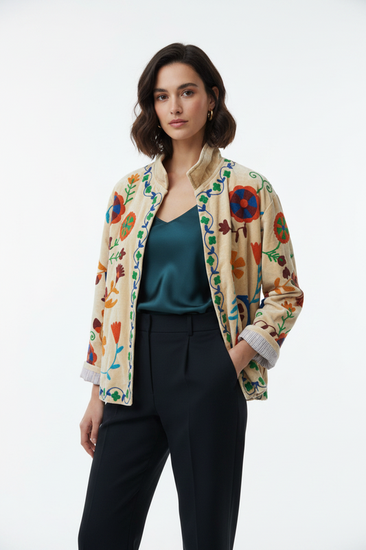 Embroidered Velvet Jacket Bloom- Natural